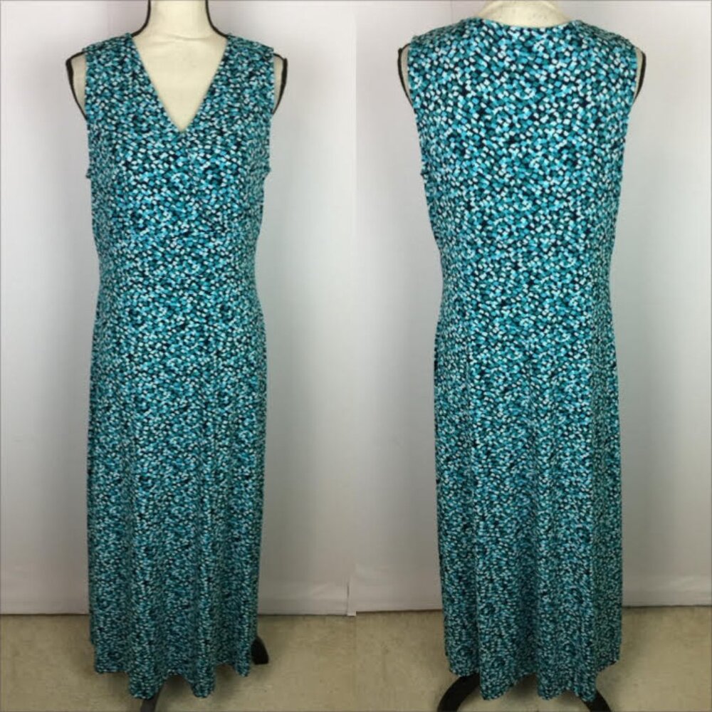 Croft & Barrow Maxi Dress Sz M Womans Blue Printed Strech Knit V-neck Sleeveless